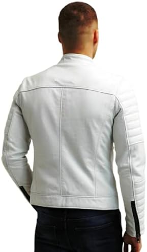 Men's White Leather Jacket | Biker Racer | Soft Lambskin Motorcycle Retro