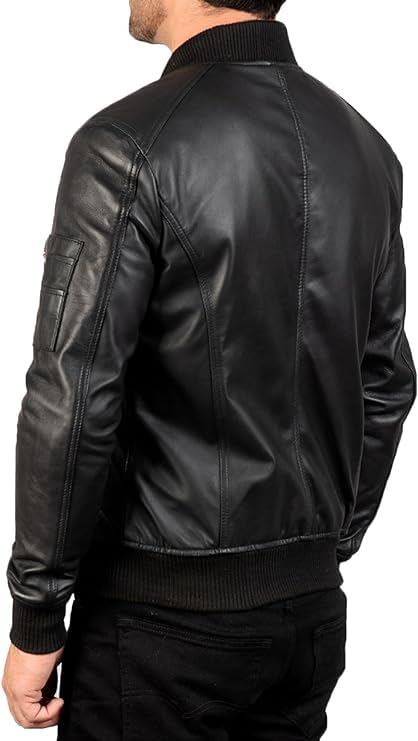 FIT WEAR Men's Black Genuine Lambskin Leather Bomber Jacket - Leather Flight Bomber Vintage Trucker Jacket|B0D3CLVP9B