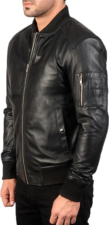 FIT WEAR Men's Black Genuine Lambskin Leather Bomber Jacket - Leather Flight Bomber Vintage Trucker Jacket|B0D3CLVP9B