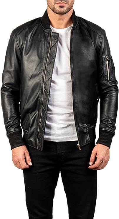 FIT WEAR Men's Black Genuine Lambskin Leather Bomber Jacket - Leather Flight Bomber Vintage Trucker Jacket|B0D3CLVP9B
