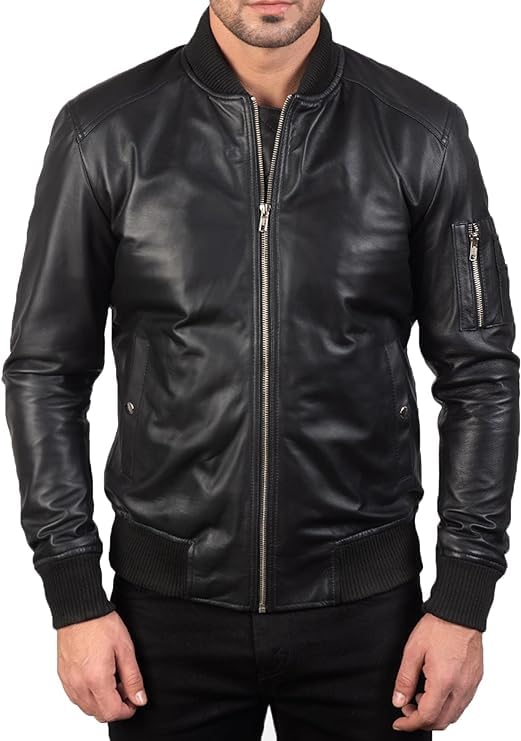 FIT WEAR Men's Black Genuine Lambskin Leather Bomber Jacket - Leather Flight Bomber Vintage Trucker Jacket|B0D3CLVP9B