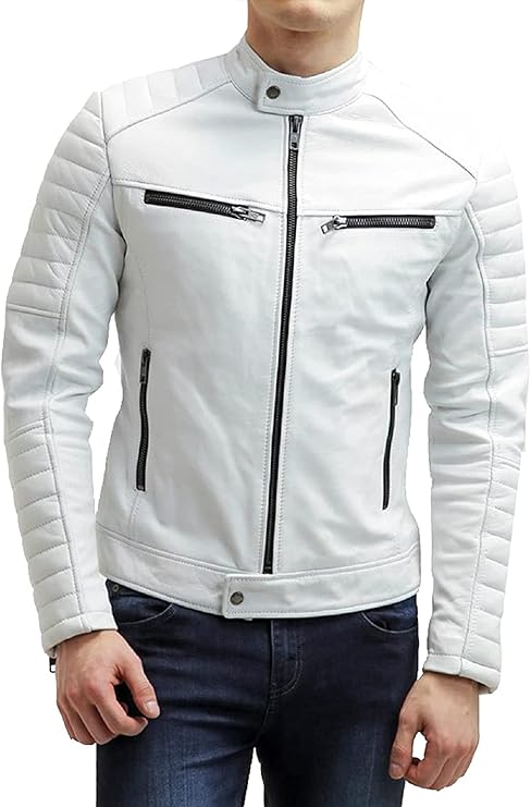 Men's White Leather Jacket | Biker Racer | Soft Lambskin Motorcycle Retro