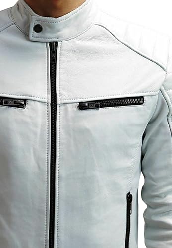 Men's White Leather Jacket | Biker Racer | Soft Lambskin Motorcycle Retro