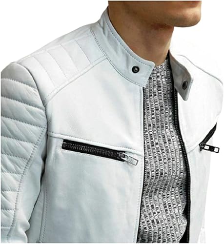 Men's White Leather Jacket | Biker Racer | Soft Lambskin Motorcycle Retro